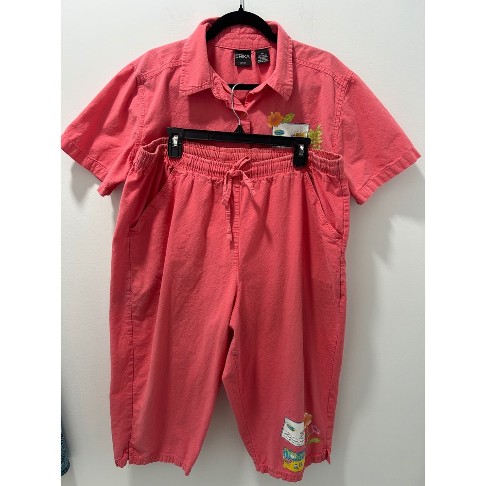 Erika Woman 1X Coral Pink Cotton 2 Piece Set Tropical Embroidered Shirt Pants